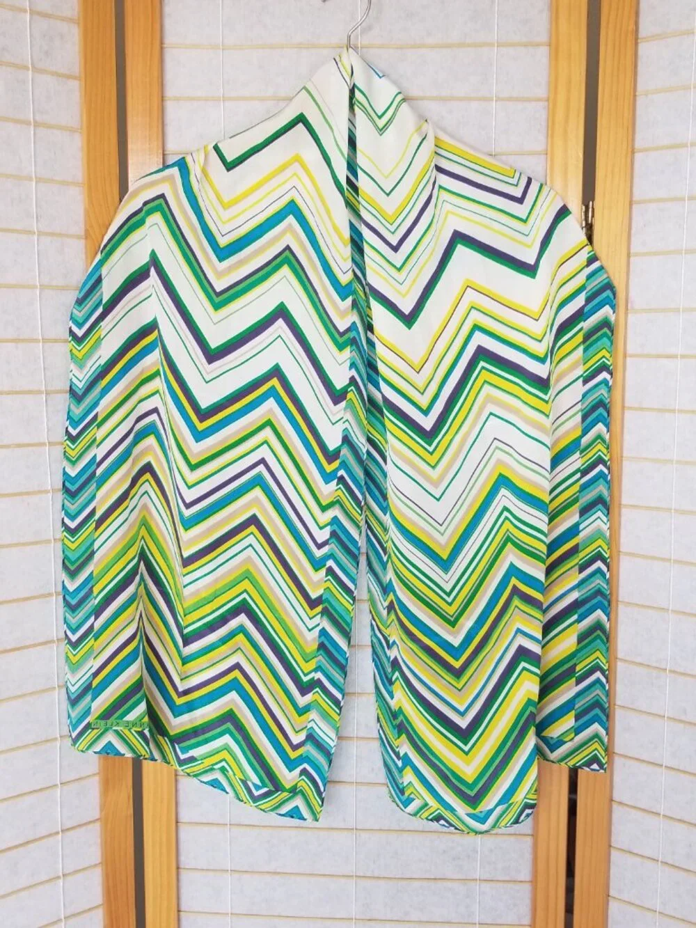 Printed Silk Scarf Anne Klein Blue Green Zig Zag Long Skinny